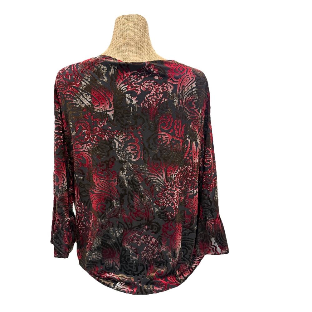 Notations Velvet Burnout Blouse 1X Black Red Paisley Buckle Detail | Holiday Top - Picture 2 of 9